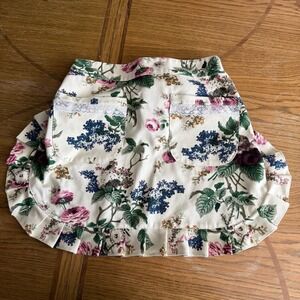 Vintage Floral Half Apron Heavy Canvas Pink Purple Lace Pockets Ruffle Hem